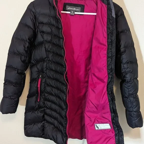 Eddie Bauer Down Long Tunic Length Puffer Parka Coat Black Fushcia Girls L 14-16 - Picture 9 of 16